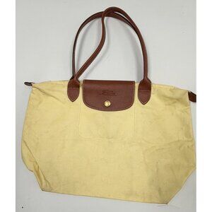 Longchamp Le Pliage Medium Butter Yellow Nylon Tote Leather Made in France Flaws